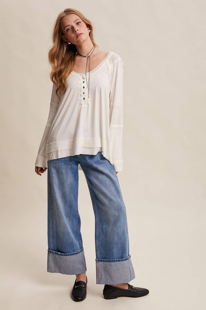 Textured Panel Button Henley Top