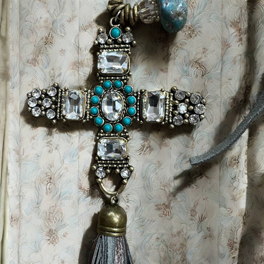 Vintage Large Turquoise Crystal Cross