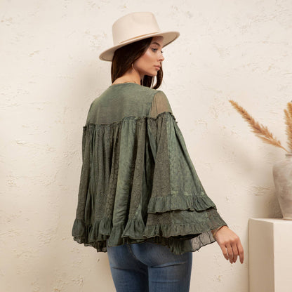 Dreamy Sheer V-Neck Ruffled Button-Front Top