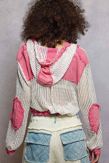 Open Knit Button Down Pocket Front Hooded Shirt Top