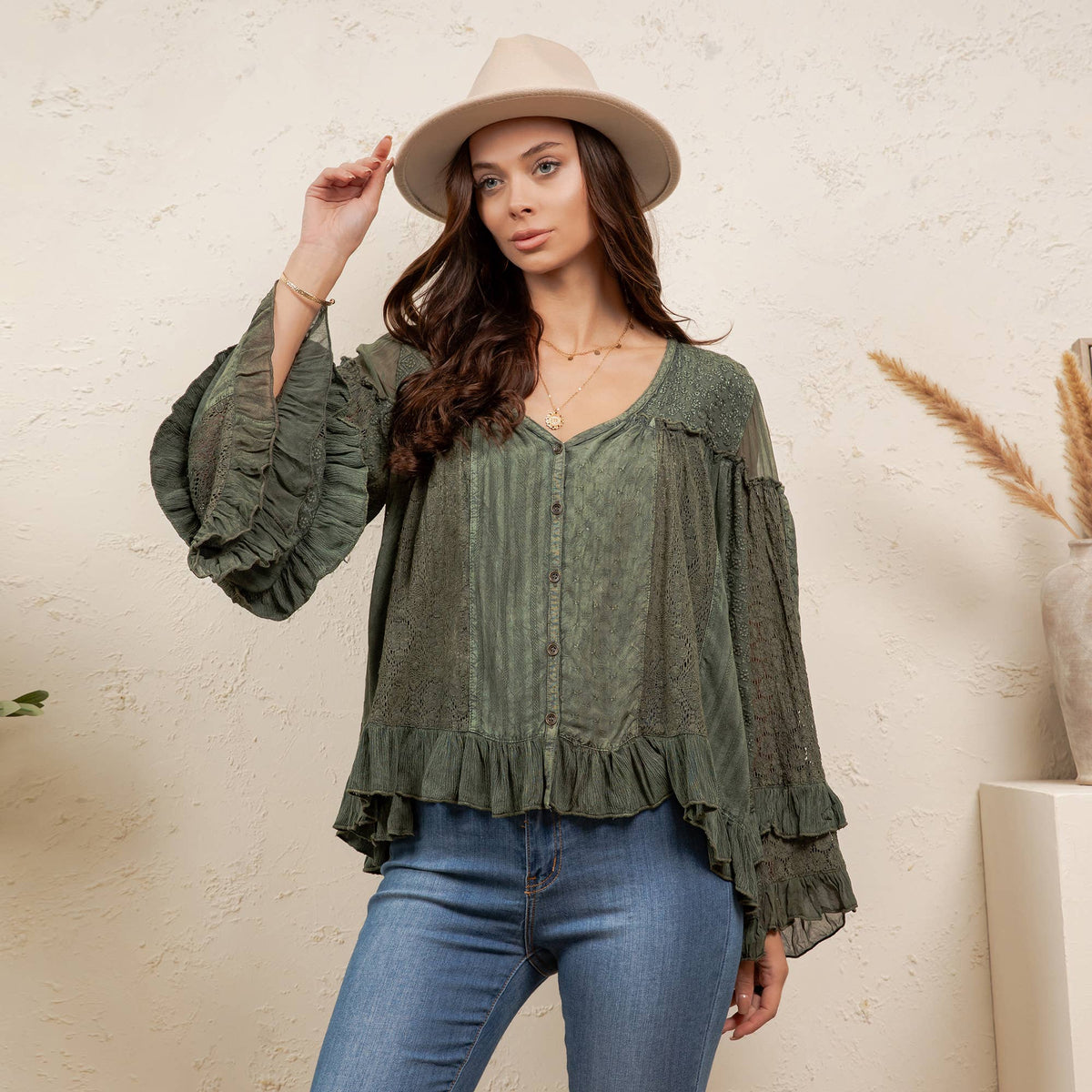 Dreamy Sheer V-Neck Ruffled Button-Front Top