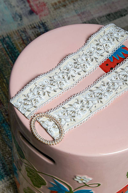 Embroidered Floral Lace Belt with Pearls