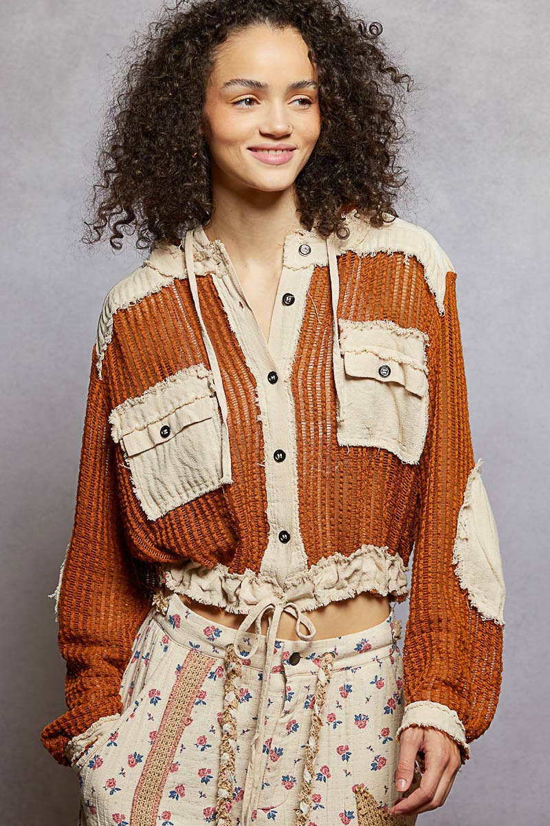 Open Knit Button Down Pocket Front Hooded Shirt Top