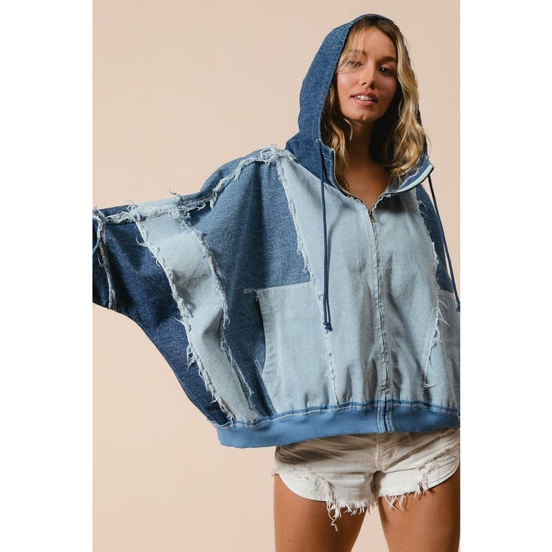 COLOR BLOCK WASHED DENIM ZIP UP HOODIE