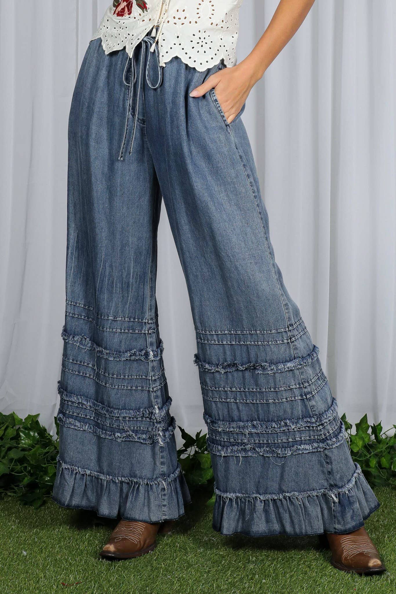 Flared Ruffle Hem Washed Chambray Crop Denim Pants