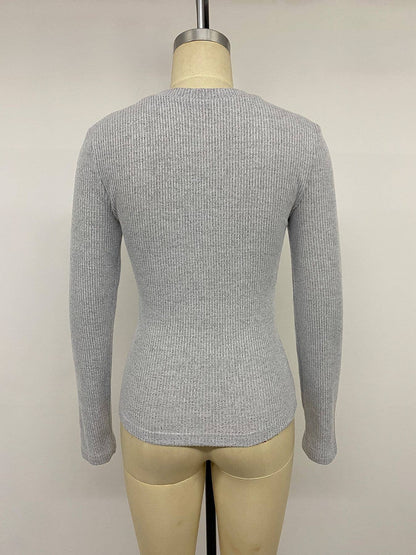 Lace Trim Button Front Ribbed Knit Top