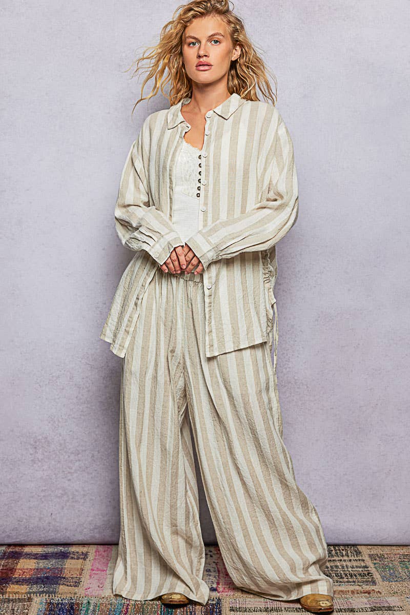Stripe Elastic Waist Band Linen Wide Pants