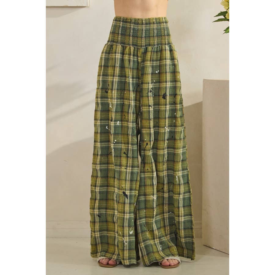 WASHED PLAID SMOCKED WAIST WIDE LEG PANTS