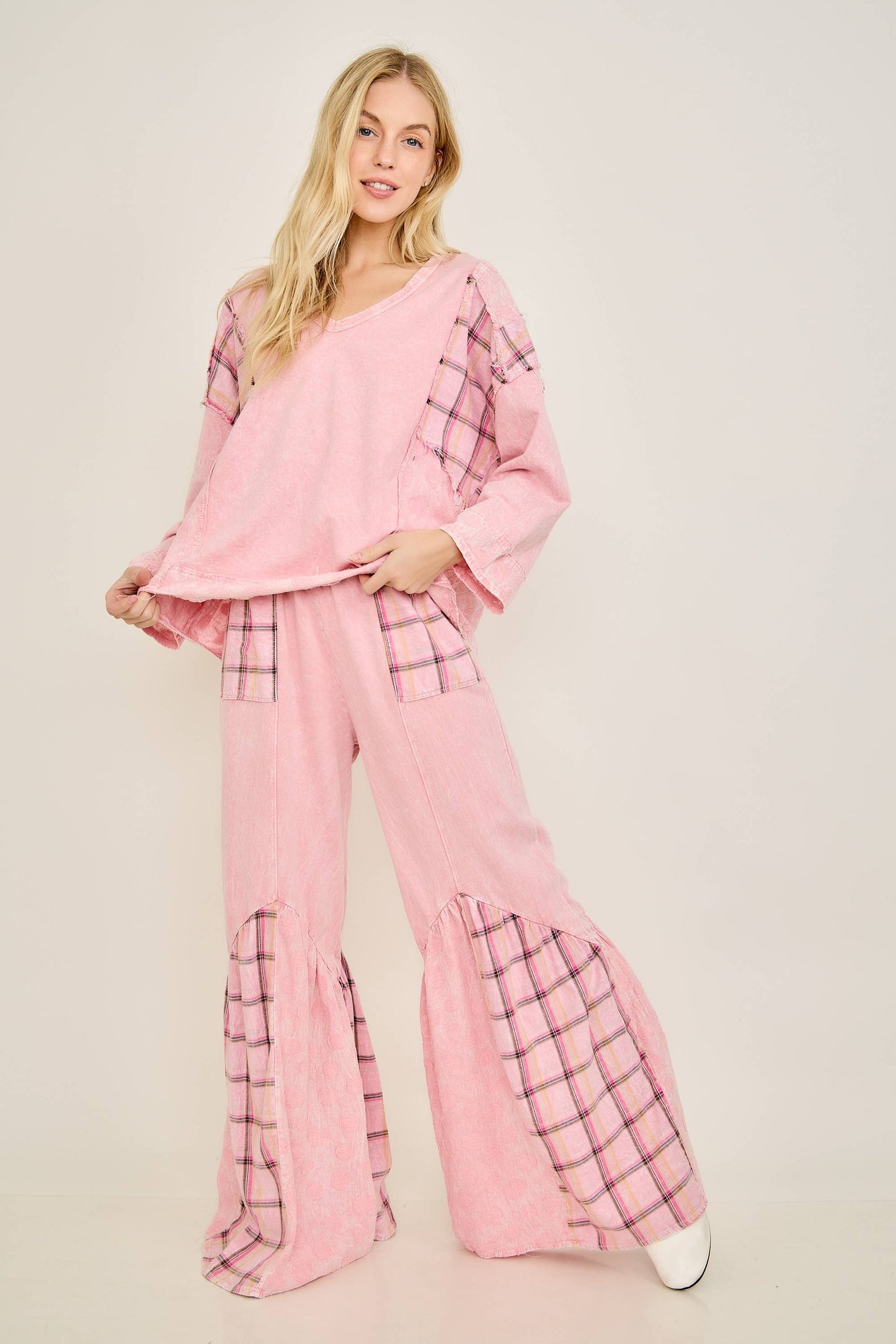 Mineral Washed Boho Pattern Patched Pants