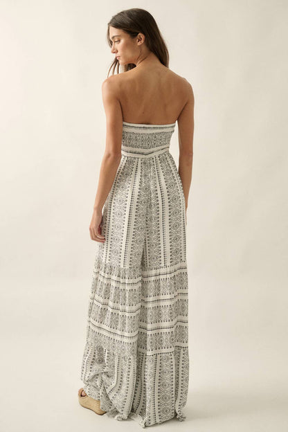 Abstract-Print Strapless Wide-Leg Tiered Ruffle Jumpsuit