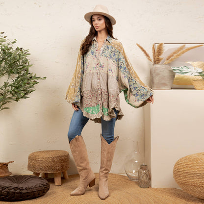 Vintage Mixed Print Patchwork Bat Sleeve Top -Ruffle Hem NEW