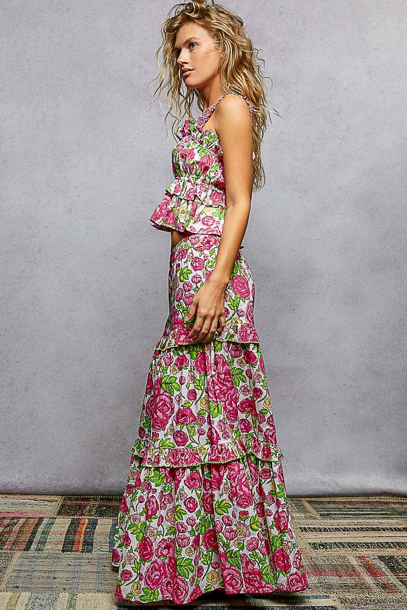 A-Line Elastic Shirring Ruffle Floral Sleeveless Top