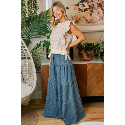 FLORAL TIERED FLARE DENIM PANTS