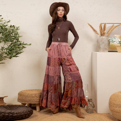 Boho Artisan Tiered Patchwork Wide-Leg Pants