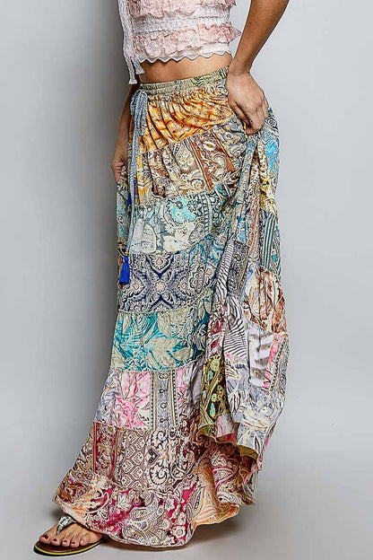 Assorted Print Boho Ruffle Wide Flare Skirt