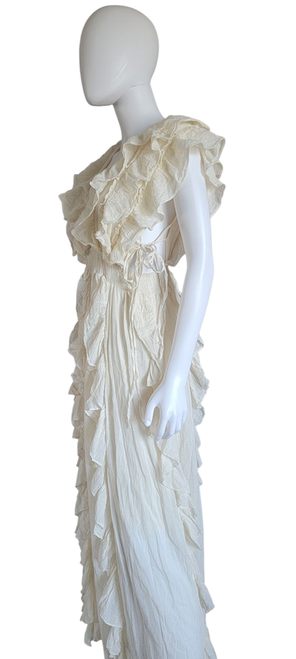 Cotton Long Ruffled Dress With Side Tie Strings Ivory