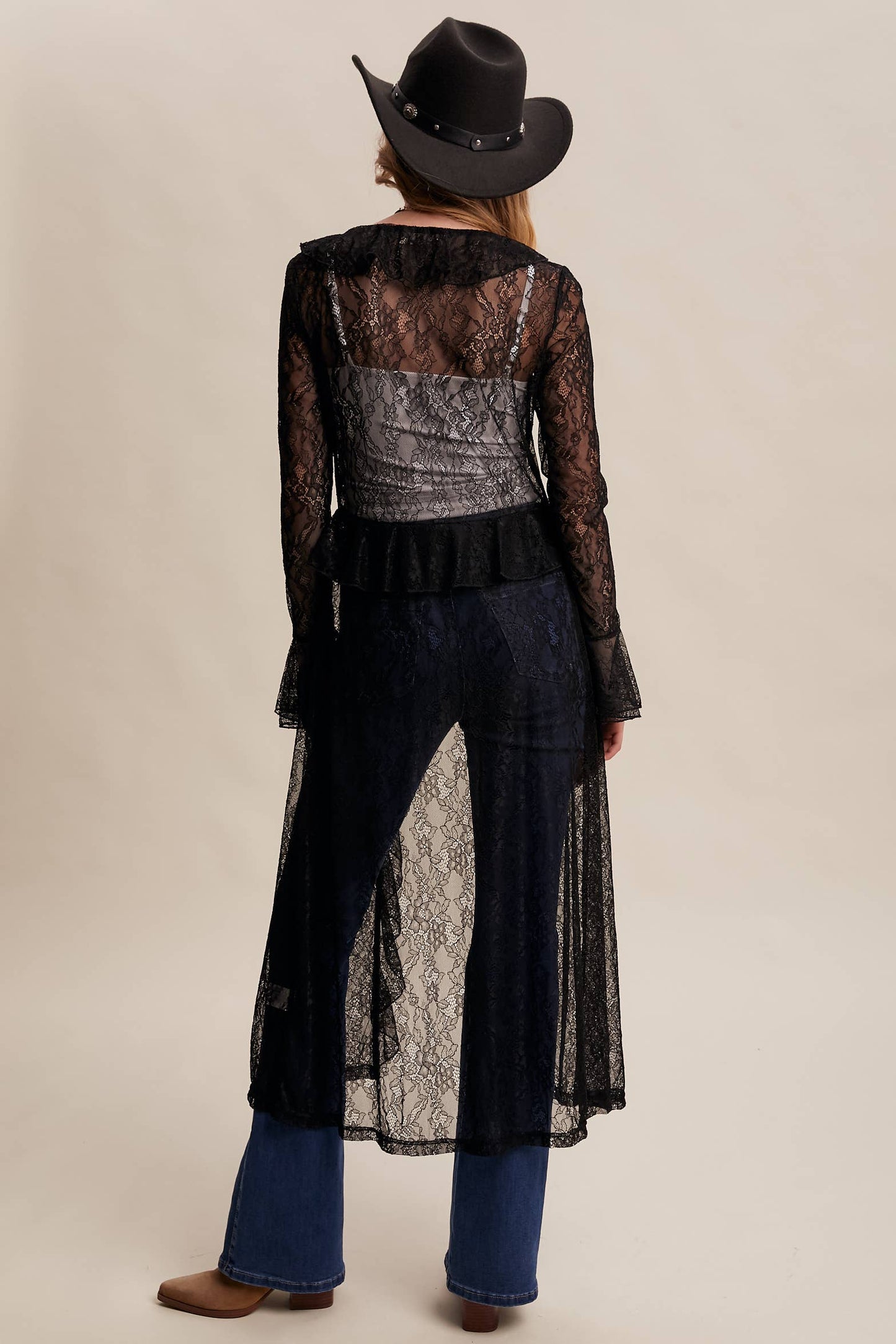 Black Sheer Lace Ruffle Duster