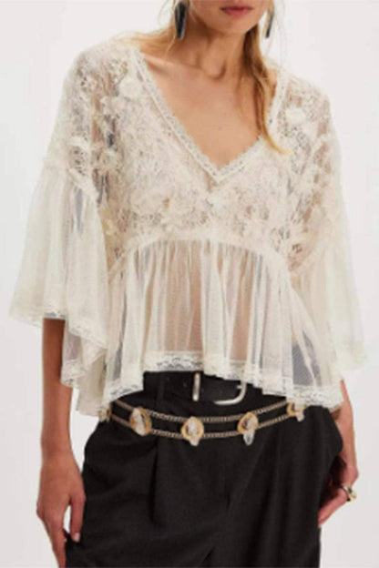 Sheer Lace Bell Sleeve V-Neck Top