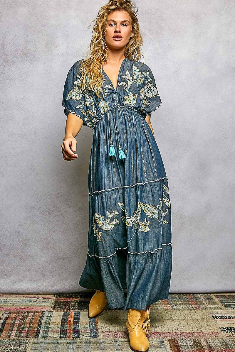 Embroidery Ruffle Cotton Denim V-Neck Long Dress