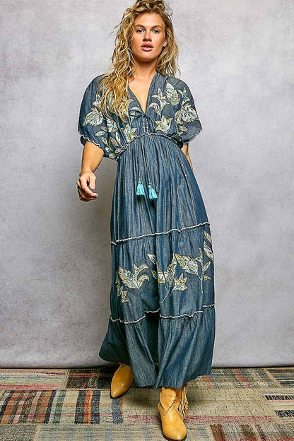 Embroidery Ruffle Cotton Denim V-Neck Long Dress