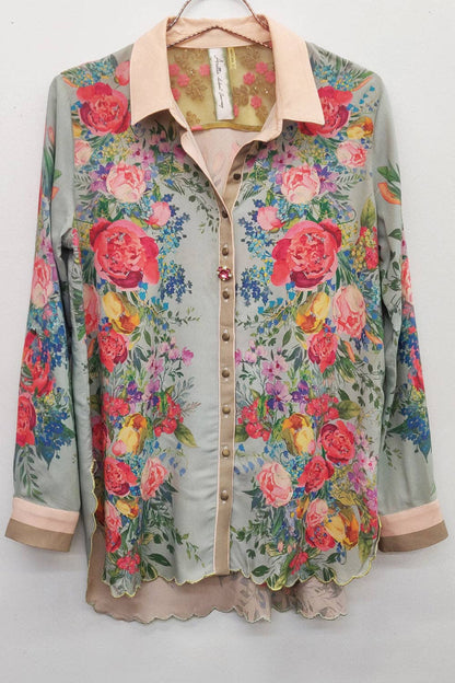 Roma Shirt | Floral Button Down Shirt | Sequin Mesh Detail