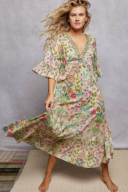 V-Neck Floral Print Bead Trim Boho Maxi Dress