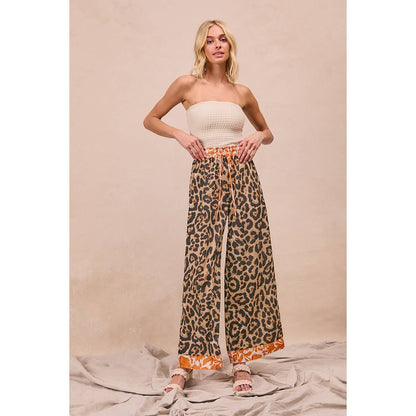 LEOPARD PRINT WITH CONTRAST BANDED WIDE PANTS