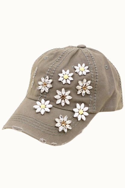 Daisy Bejeweled Bling Distressed Cap, Adjustable Multi colors available