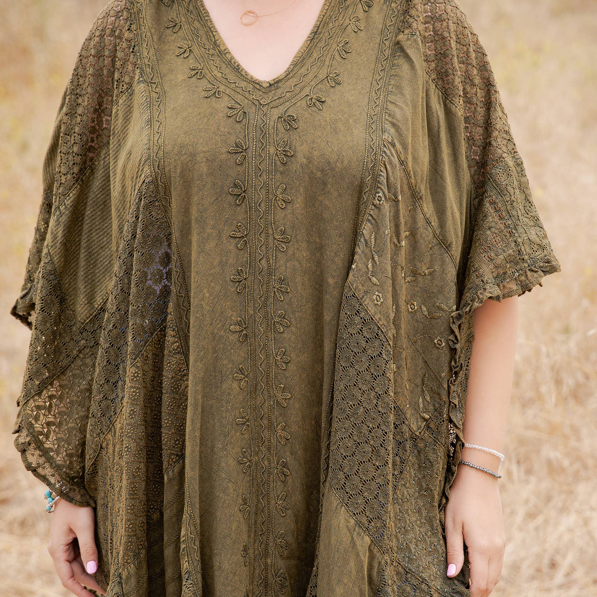 Boho Lace Embroidered V-Neck Asymmetrical Kaftan Top