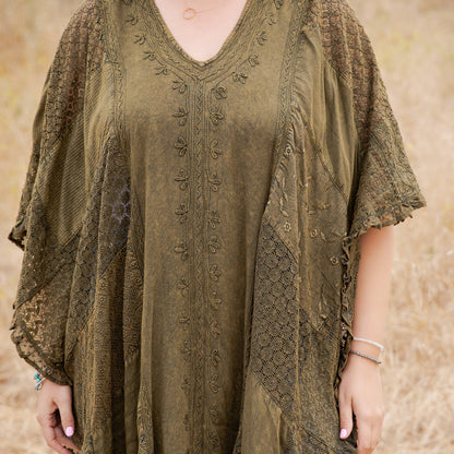 Boho Lace Embroidered V-Neck Asymmetrical Kaftan Top