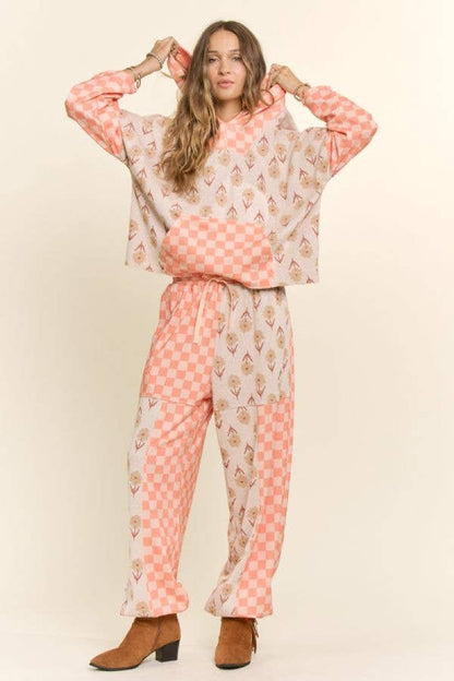 Retro Floral Checkered Patchwork Hoodie Lounge Set