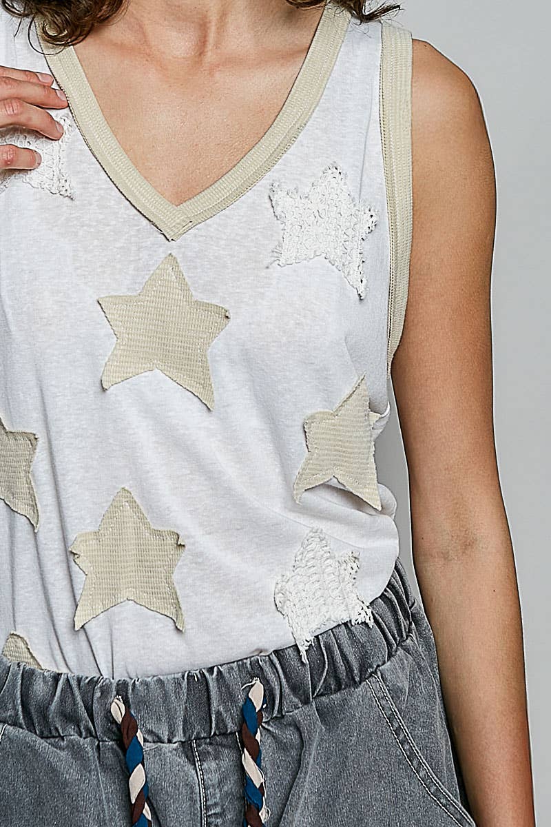 V-neck Sleeveless Front Star Patches Solid Basic Top