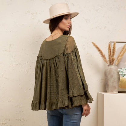 Dreamy Sheer V-Neck Ruffled Button-Front Top