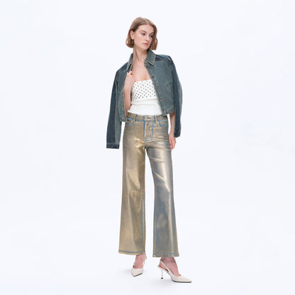 METALLIC HIGH RISE WIDE LEG DENIM JEANS