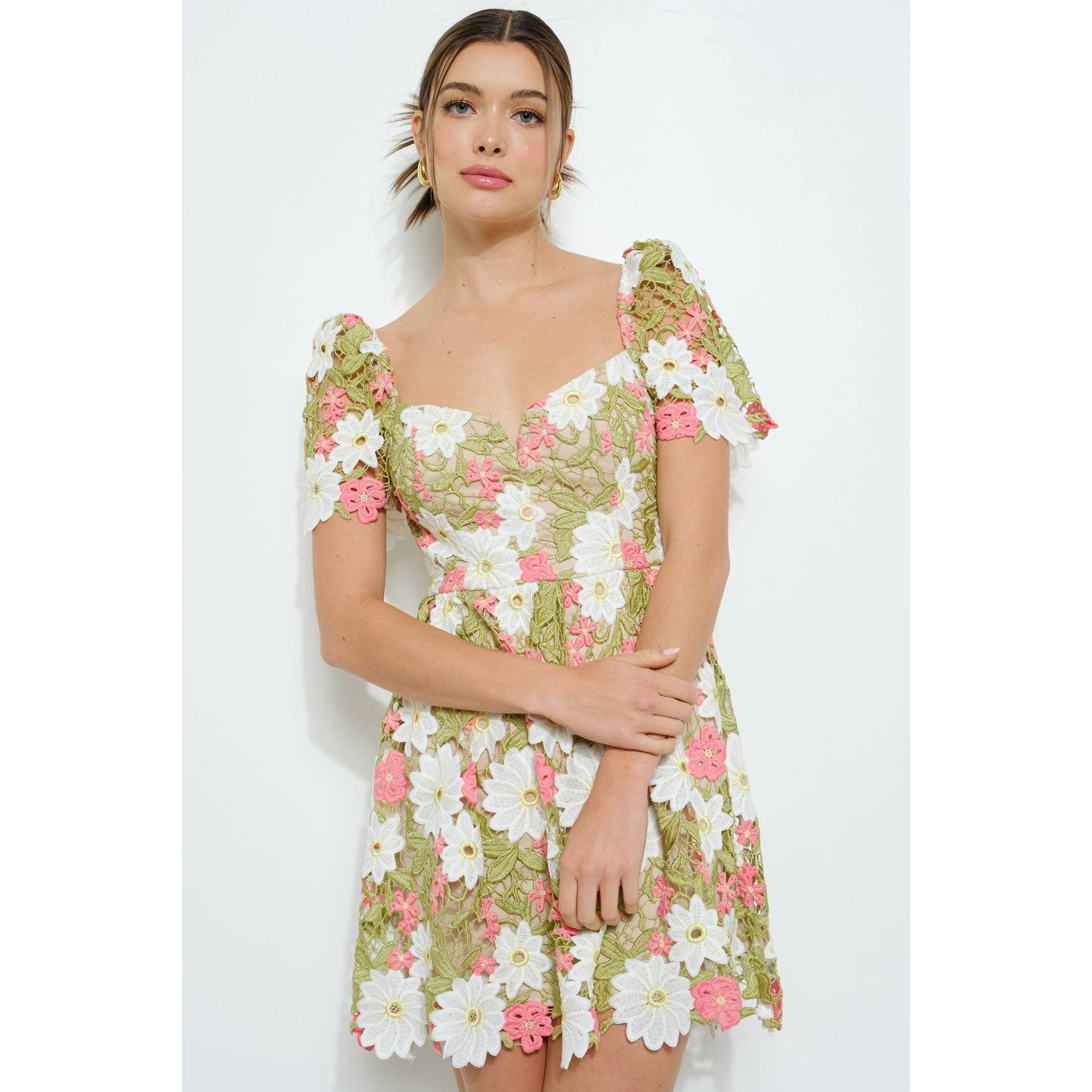 Floral Lace Puff Sleeve Embroidered Mini Dress
