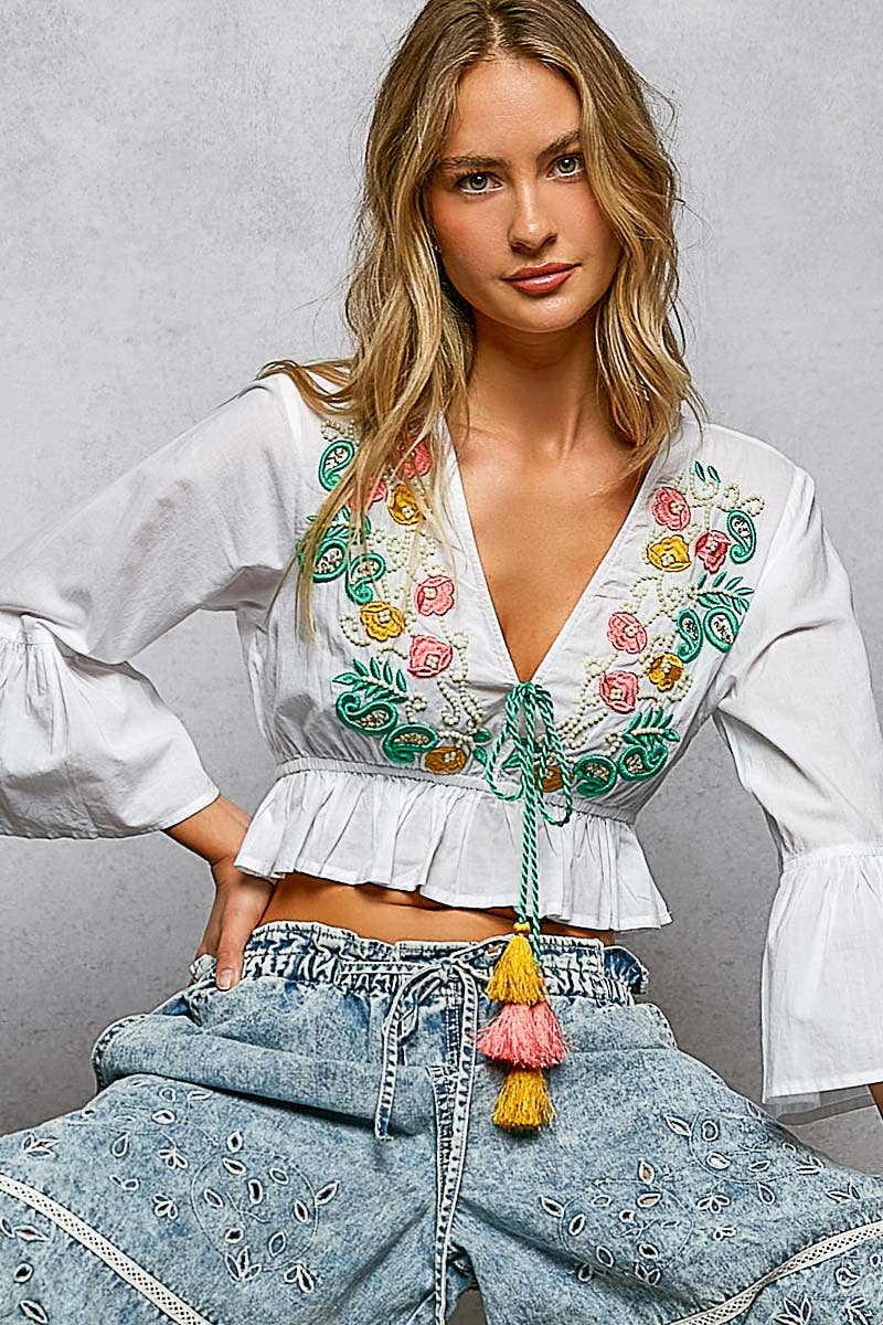 3/4 Sleeve Embroidered Bead Neck Loop Tassel Cotton Top