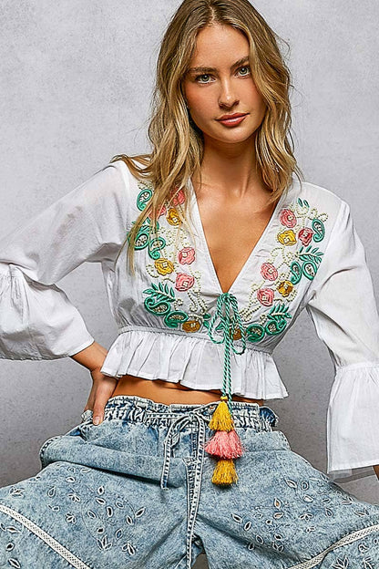 3/4 Sleeve Embroidered Bead Neck Loop Tassel Cotton Top