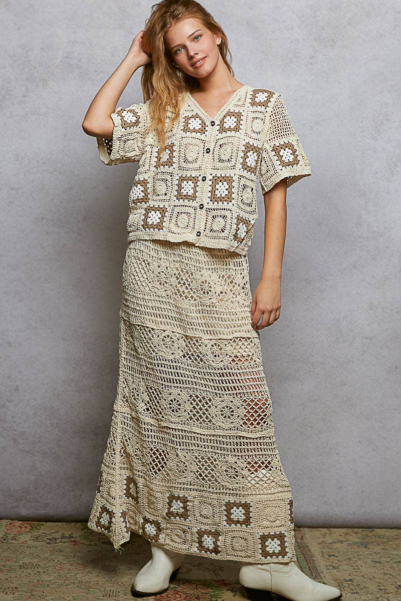 Granny Square Weave Ruffle Waistband Crochet Maxi Skirt