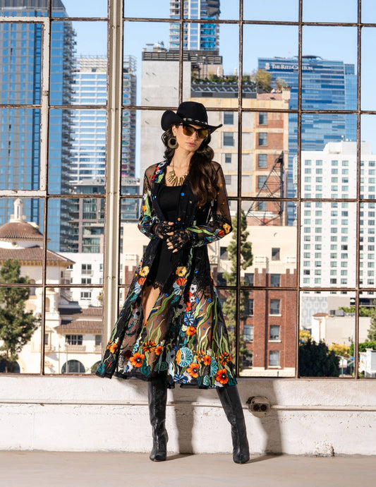 Long Floral Black Embroidered Sheer Duster