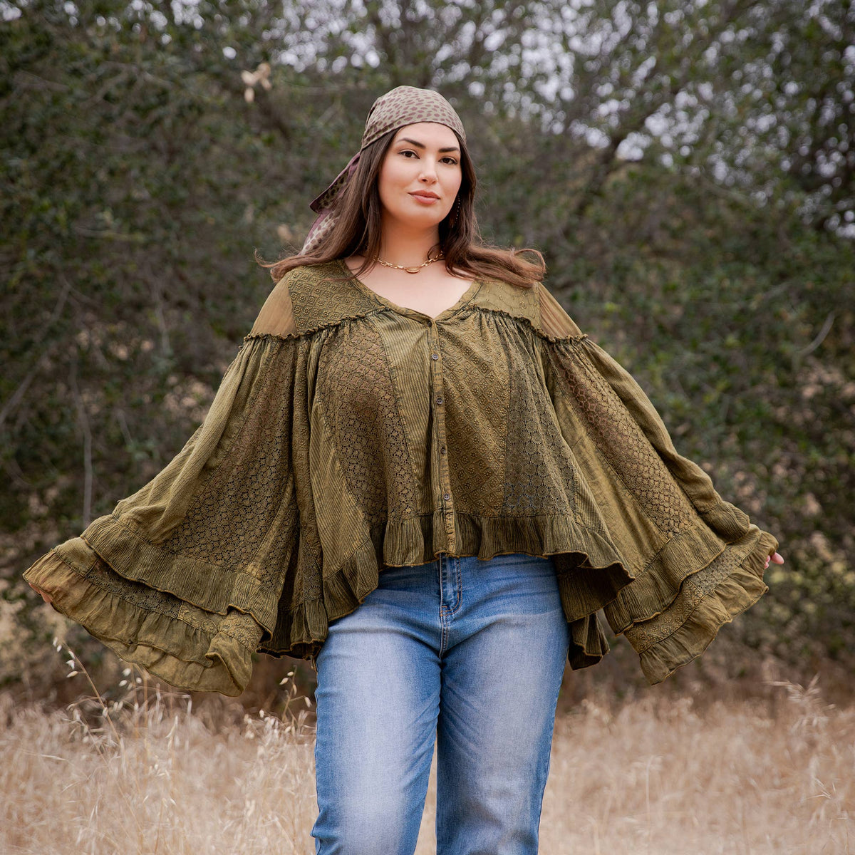 Dreamy Sheer V-Neck Ruffled Button-Front Top