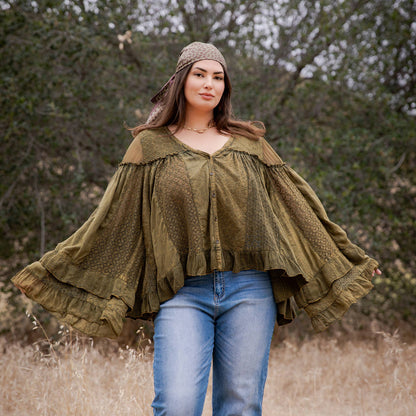 Dreamy Sheer V-Neck Ruffled Button-Front Top
