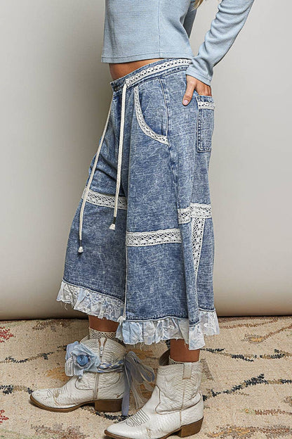 Vintage Washing Lace Ruffle Back Elastic Band Wide Pants