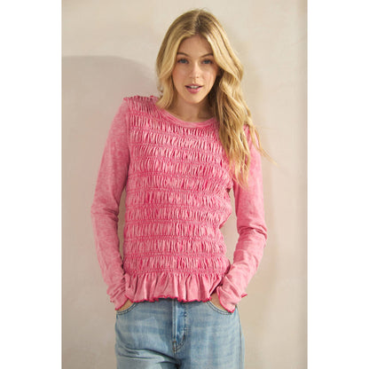PINK SMOCKED PEPLUM LONG SLEEVE TOP