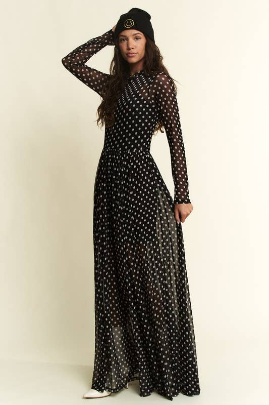 POLKA DOT PRINT MESH MAXI DRESS