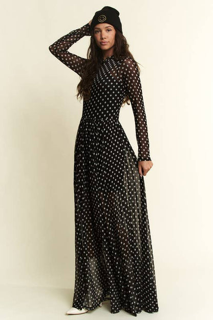 POLKA DOT PRINT MESH MAXI DRESS