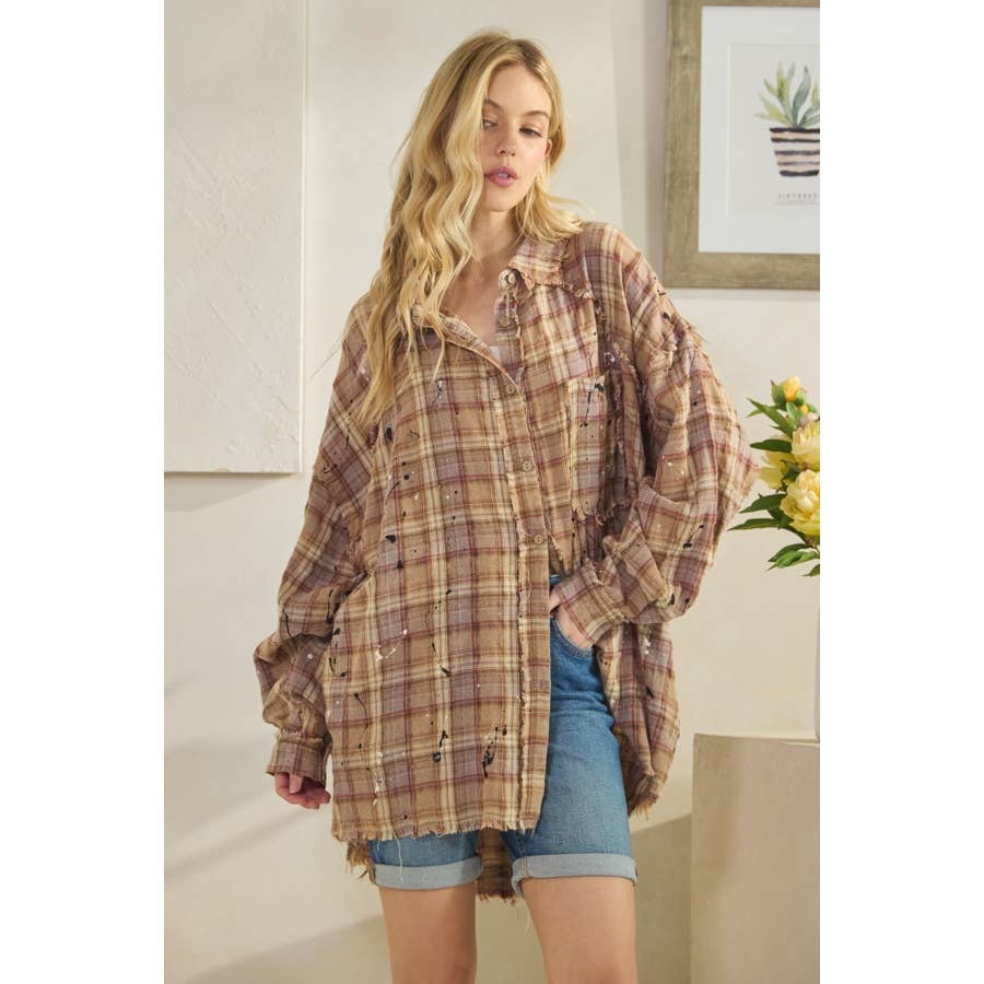 WASHED BUTTON DOWN LONG SLEEVE PLAID SHIRT