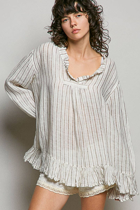 Deep V-Neck Stripe Cotton Ruffle Blouse