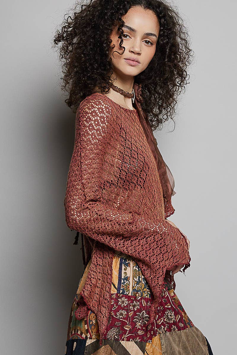 Round Neck Crochet Raw Edge Solid Knit Top