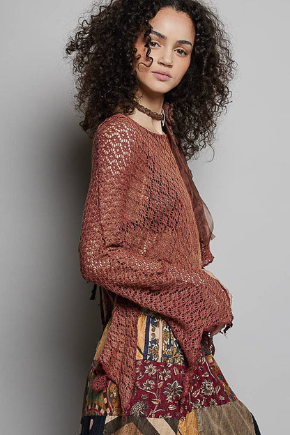 Round Neck Crochet Raw Edge Solid Knit Top