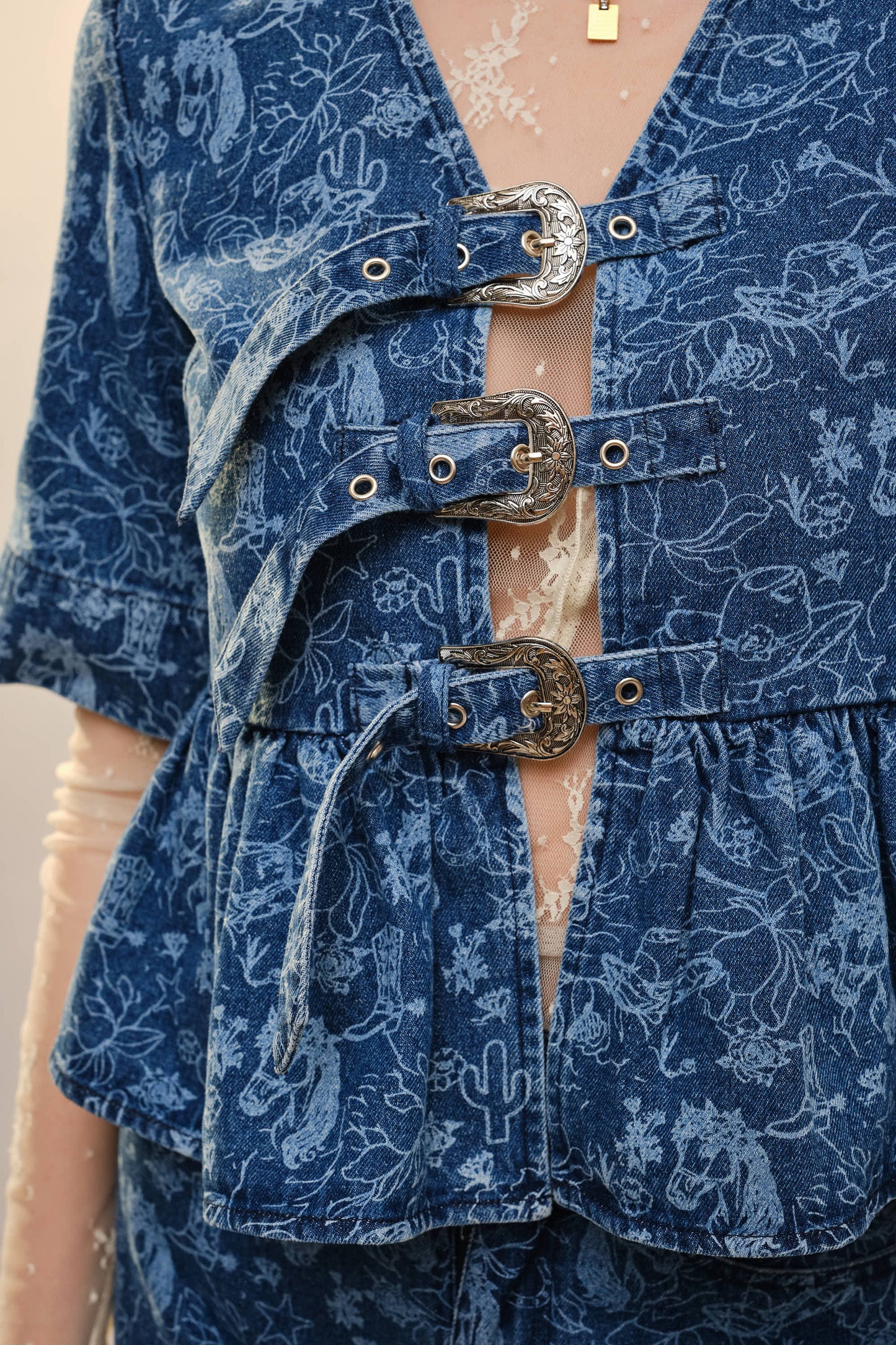 Western Horse Print Peplum Buckle Denim Top